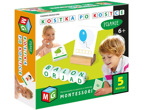 Montessori-terningspil, skrivning på terningen, 5 terninger, multispil, pædagogisk, 6+