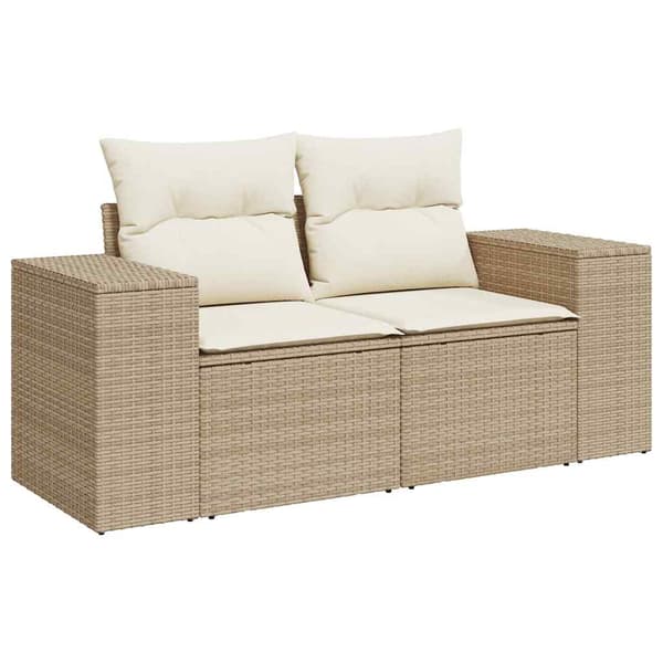 vidaXL Trädgårdssoffa med kuddar, 2-sits, beige, polyrotting