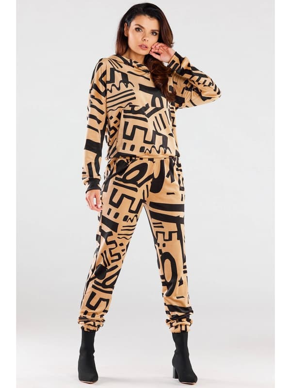 Fløjlsbukser, beige med sort print M
