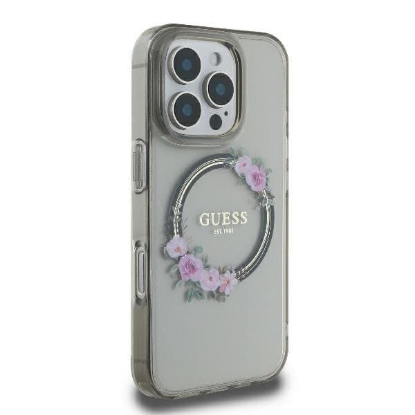 Guess IML Flowers Wreath MagSafe-etui til iPhone 16 Pro, sort/sort
