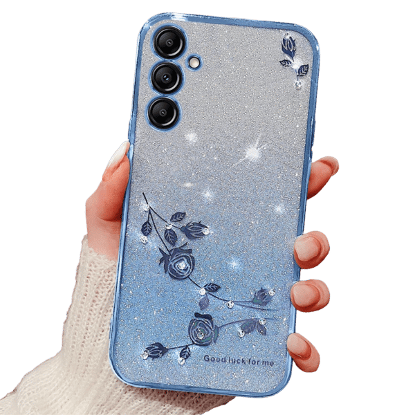 Etui til Samsung Galaxy A15, Glitter Flower, blå + glas