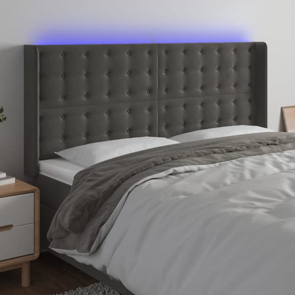 vidaXL Sänggavel med LED mörkgrå 203x16x118/128cm sammet