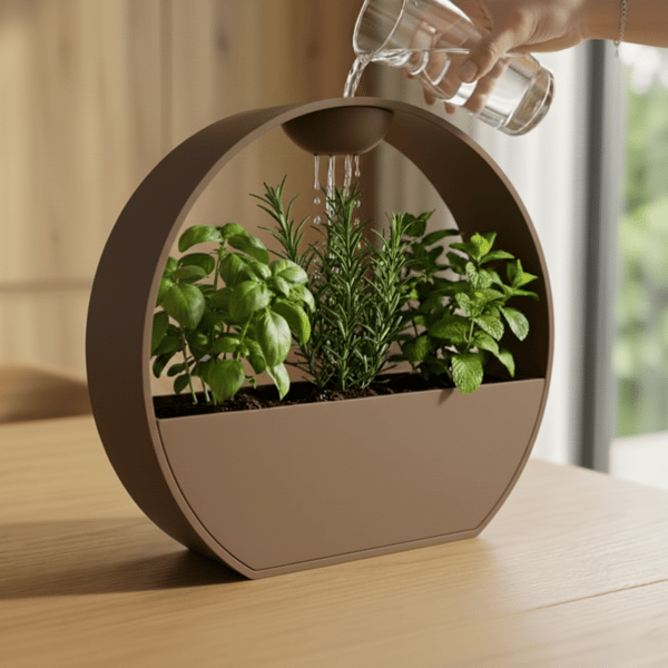Brun urtepotte med vandingssystem til planter med stenlook