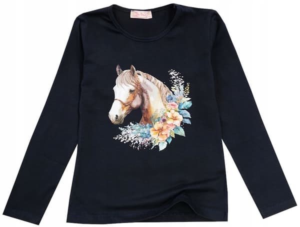 Pigebluse bomuld langærmet hest i blomster marineblå 128