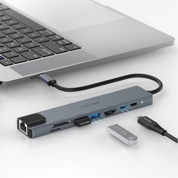Multi Hub Araree AM81 8in1 USB-C til RJ45 + SD + TF + USB 3.0 + HDMI + PD sort