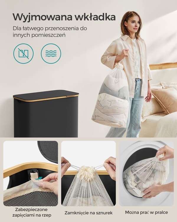 Musta pyykkikori kannella 150 l
