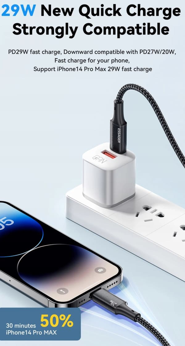 Essager 2m USB C Pd til Lighting-kabel til iPhone 14 13 12 Pro X 8 Fast 29W