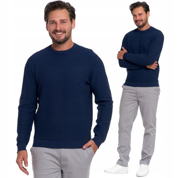 Herrtröja i bomull med dekorativ textur, elegant bomull MORAJ XL MARINBLÅ