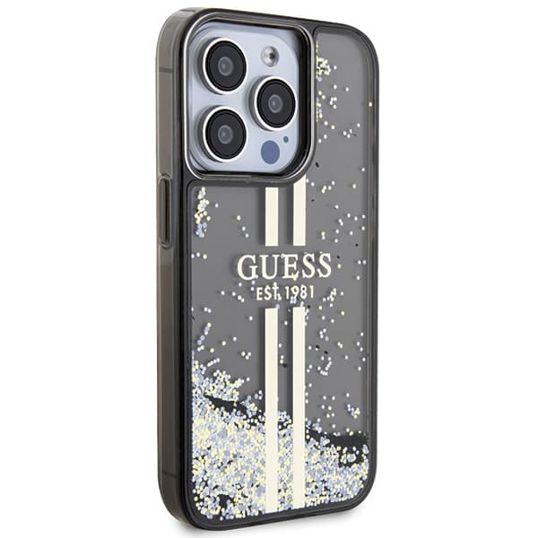 Guess Liquid Glitter Gold Stripes cover til iPhone 15 Pro, sort
