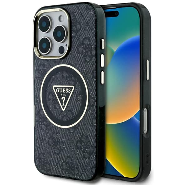 Guess IML Metal Glitter 4G Circle Triangle MagSafe-etui til iPhone 16 Pro, sort