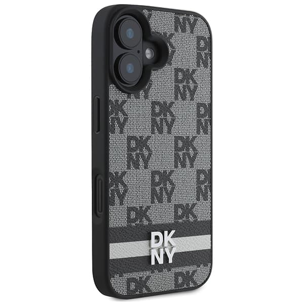 DKNY cover med ternet mønster og trykte striber til iPhone 16, sort