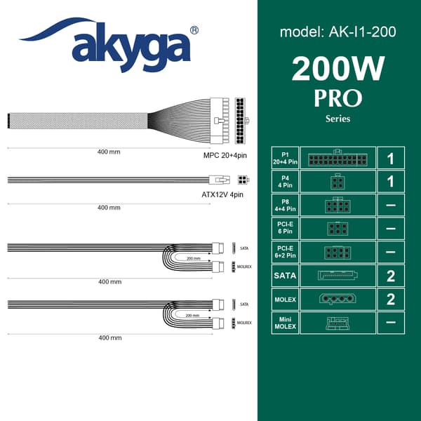 Akyga Mini-ITX Strømforsyning 1U 200W Flex ATX PPFC P4 2x SATA 2x Molex Blæser 4cm