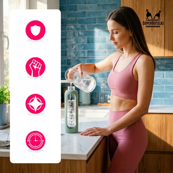 1000 ml vattenflaska i glas med silikonfodral (blå)