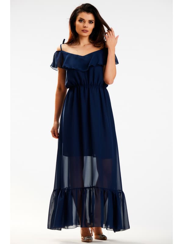 Off-shoulder-klänning, chiffongmaxi, marinblå M