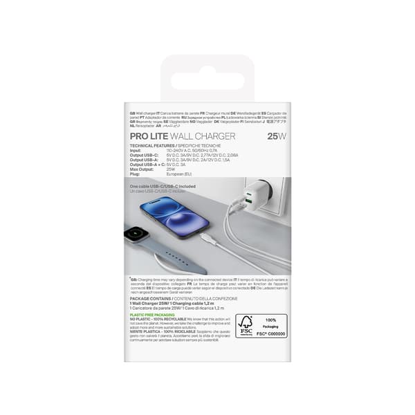 USB-A USB-C Väggladdare med USB-C Kabel 25W 1,2m - Vit