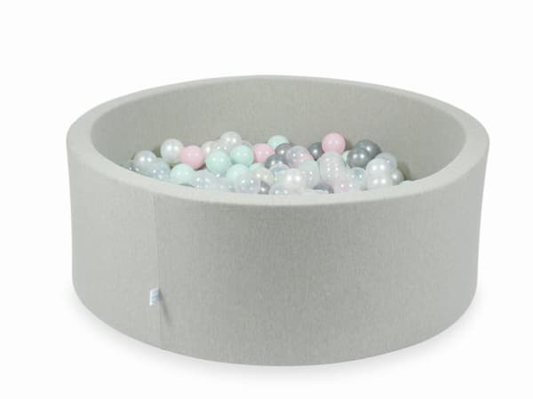 Lysegrå tørpool 110x40 med 500 bolde: transparent, perlemor, sølv, lys pink, lys mint