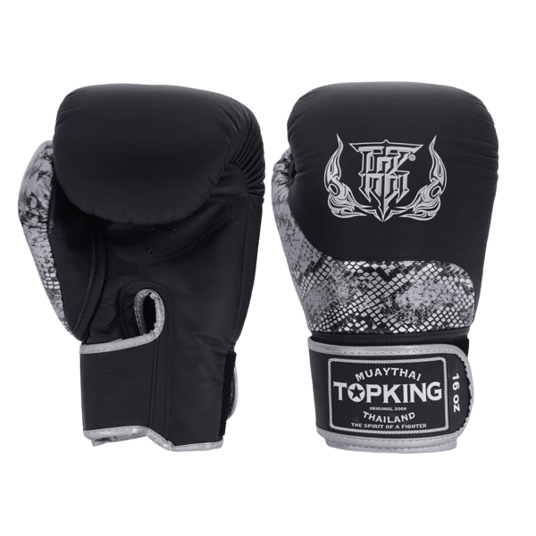 Top King Power Snake Muay Thai Boksehandsker Sort/Sølv 16OZ