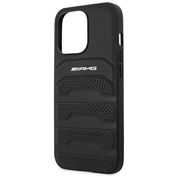 AMG lædercover med prægede linjer og sort logo til iPhone 14 Pro, sort