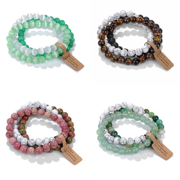 Set med 3 armband 8 mm sten vit howlit agat bambu agat Botswana