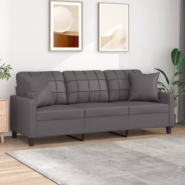 vidaXL 3-sitssoffa med kuddar, grå, 180 cm, konstläder