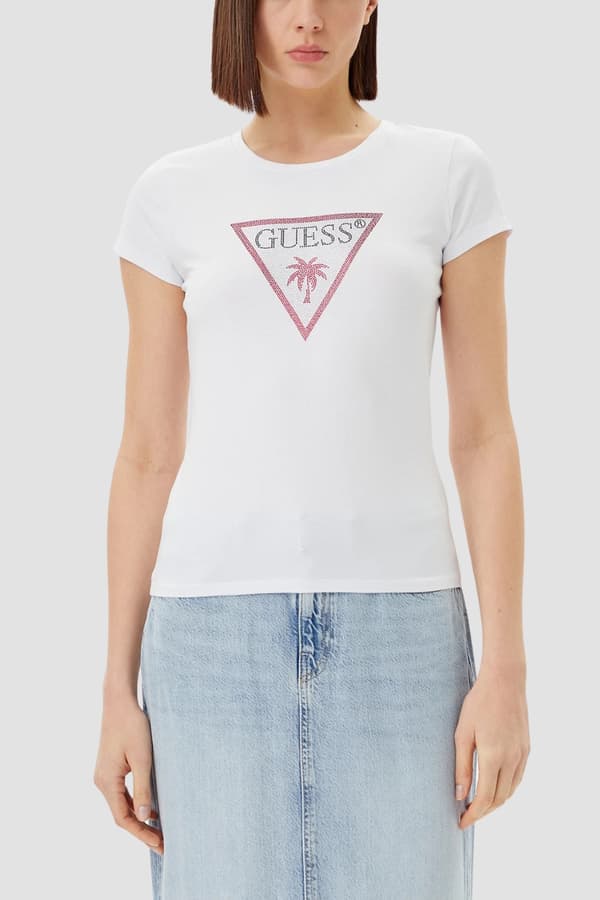 Guess Vit Damtröja med Triangelformade Strassar Logotyp M