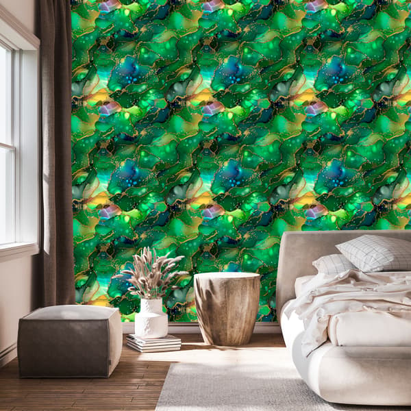 Musteenvihreä, pullonvihreä ja merensininen tapetti 50x1000 cm