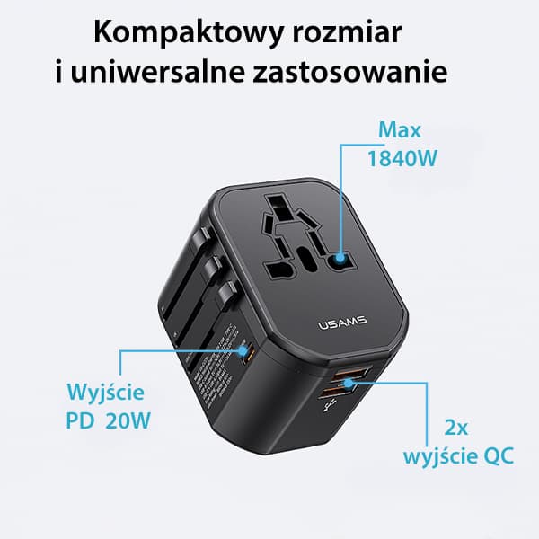 USAMS 2xUSB+1xUSB-C T59 20W 4-i-1 netværksadapter US/AU/EU/UK sort
