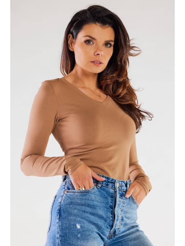 Basis bomuldsbluse med V-hals, beige L