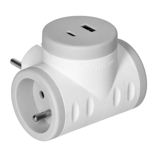 Thieves' dobbelt stikkontaktsplitter med jordforbindelse og USB-A USB-C oplader
