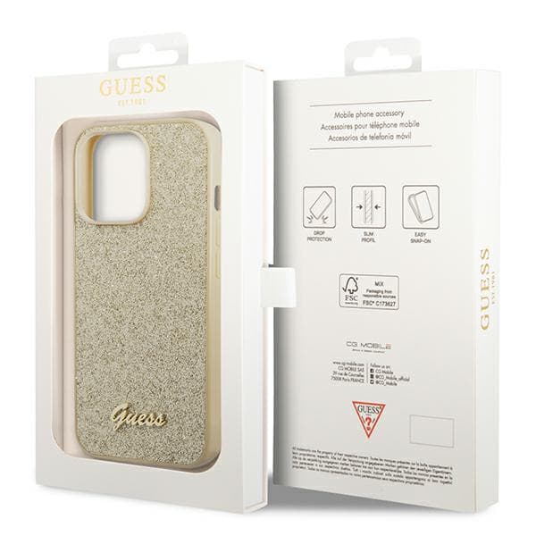 Guess Glitter Script -suojakuori iPhone 14 Prolle, kulta