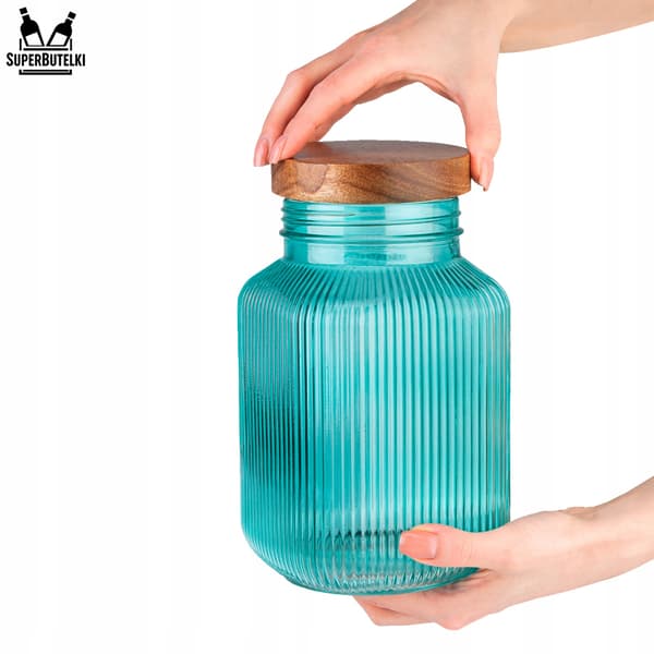 Glasburk med trälock / turkos 2L