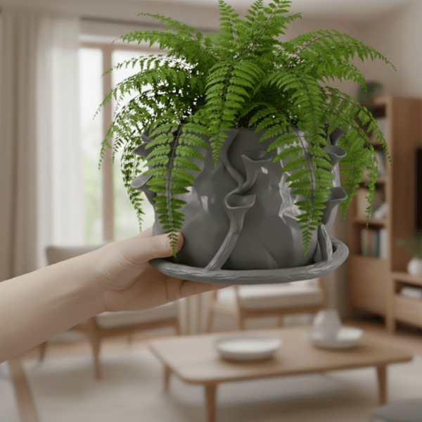 Moderne grå svampeformet urtepotte til planter, kunstnerisk stil