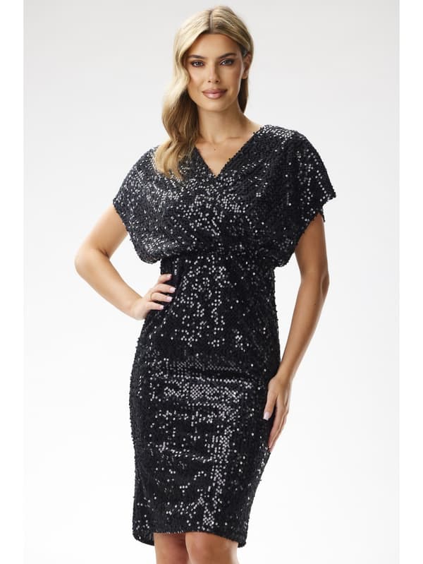 Paillet-wrap-midikjole med stropper, sort XL
