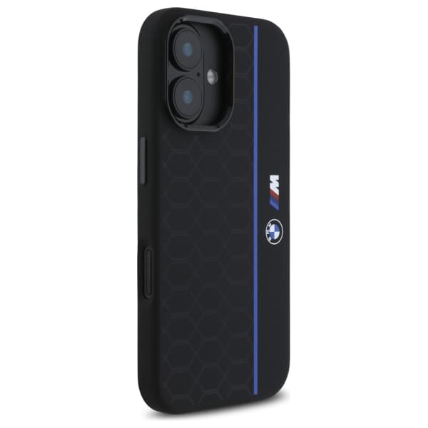 BMW Silikone Hexagon Blue Line MagSafe-etui til iPhone 16, Sort
