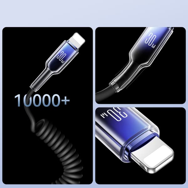 USB-C Spiralkabel - iPhone Lightning Crystal-Clear Series 30W 1,5m - Sort