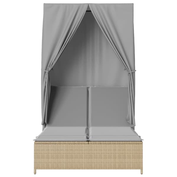 vidaXL dobbelt dagseng med baldakin og gardiner, beige polyrattan