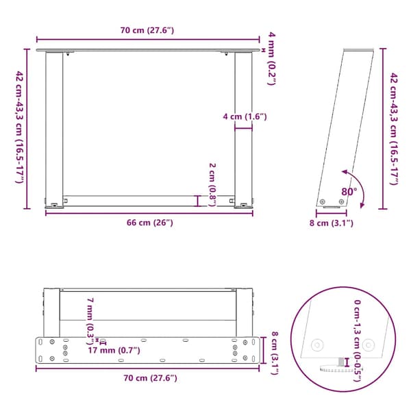 vidaXL sofabordsben, 2 stk., sort, 70x(42-43) cm, stål