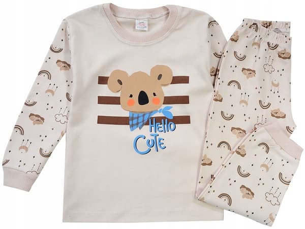 Langærmet drengepyjamas bomuldsskole beige 6 år