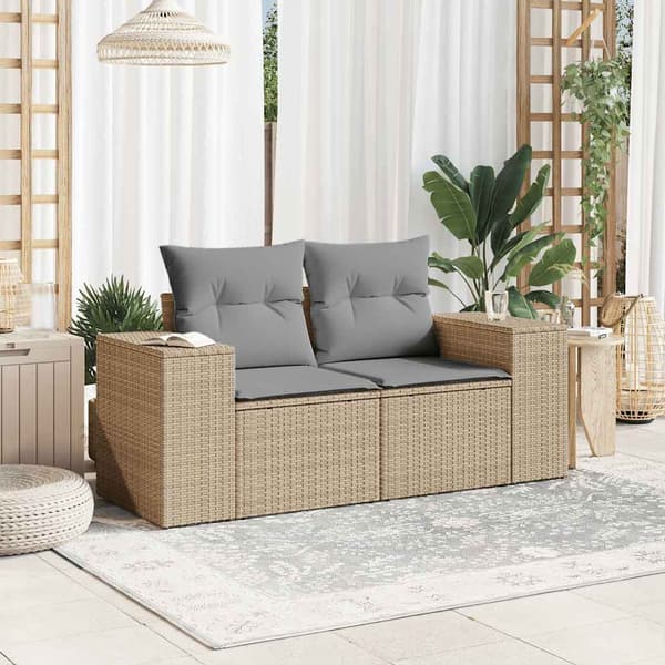 vidaXL Trädgårdssoffa med kuddar, 2-sits, beige, polyrotting