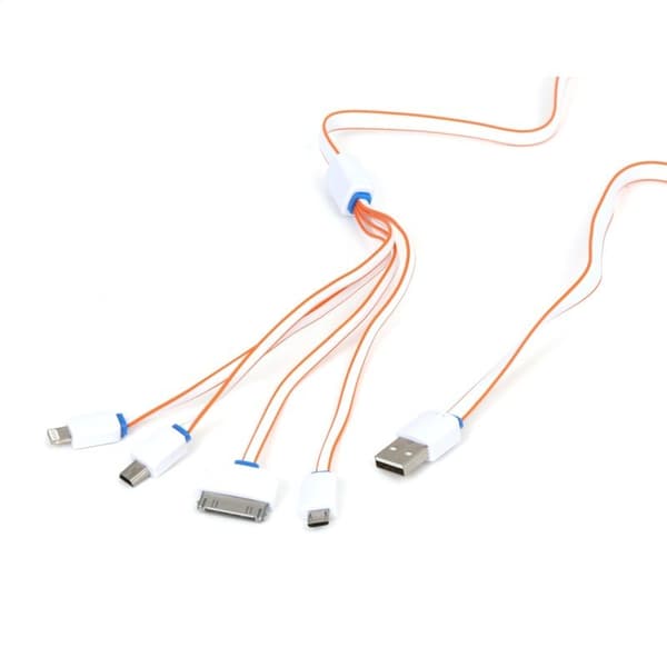 OMEGA HYDRA 4-I-1 MICRO USB + MINI USB + IPHONE4 + LIGHTNING USB KABEL HVID & ORANGE [42813]