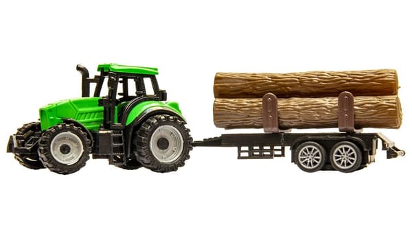 Liten traktor med timmervagn