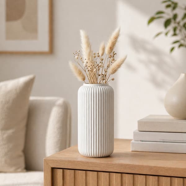 Vit smal räfflad vas, modern minimalistisk japandi