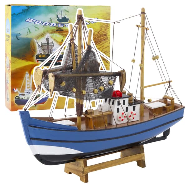 Dekorativ samlermodel af fiskerbåd, blå 30x26cm