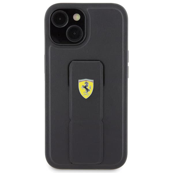 Ferrari Grip Stand Metal Logo Cover til iPhone 15, Sort