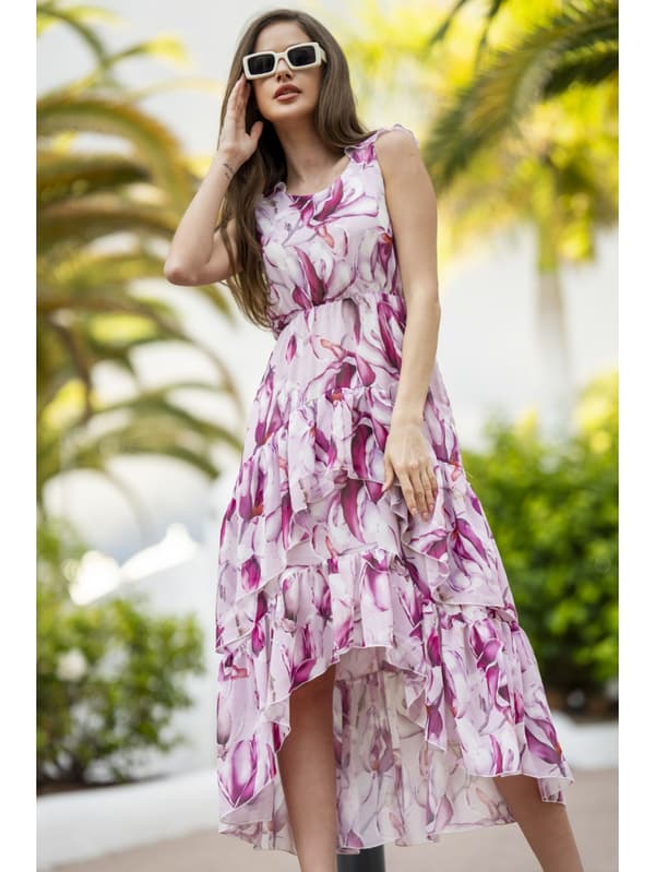 Asymmetrisk midikjole med flæser i chiffon, lyserøde pæoner S