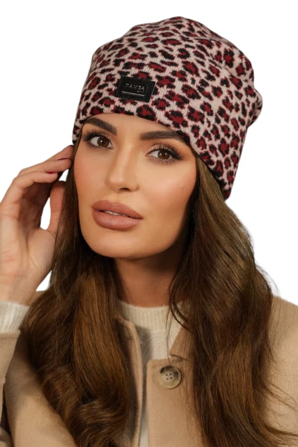 Dammössa i ull med leopardmönster och logotyp i kameo, rosa, Panji