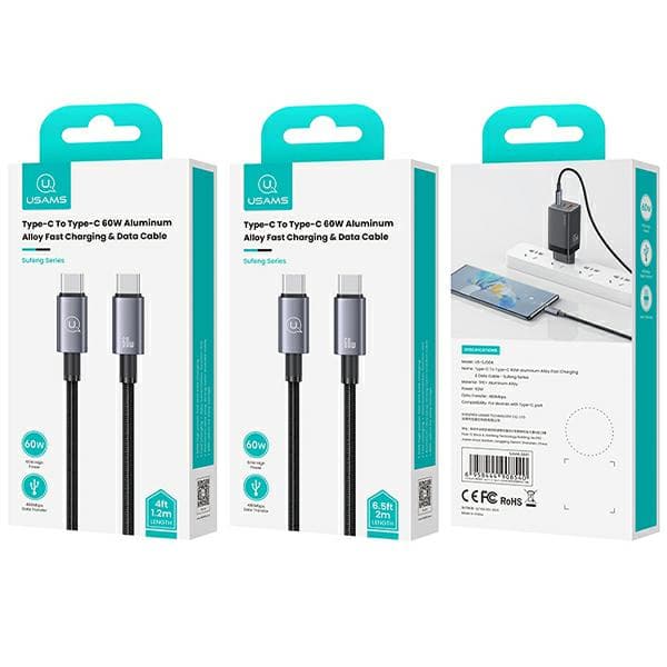 USAMS USB-C til USB-C 60W 1,2m hurtigopladerkabel stål