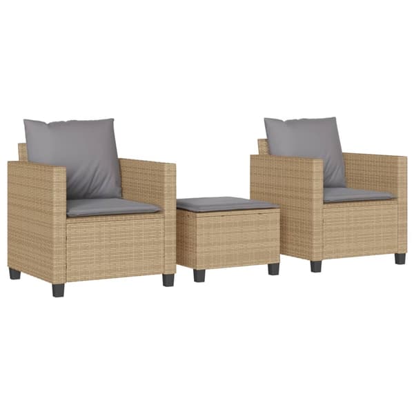 vidaXL 3-delat bistroset med kuddar, beige, polyrotting