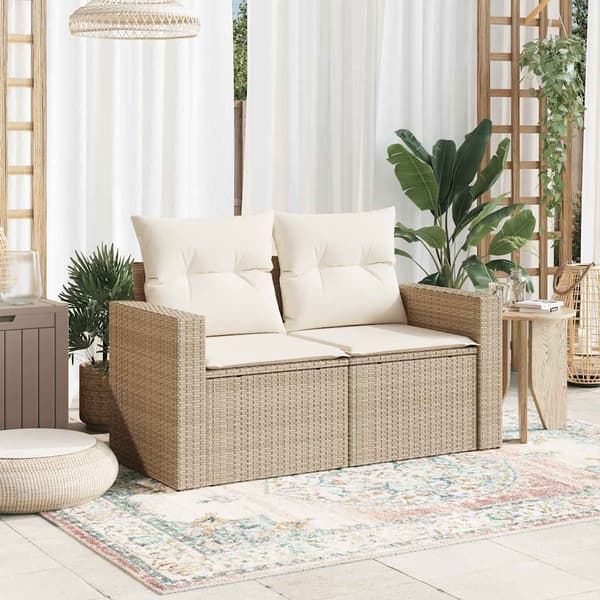 vidaXL Trädgårdssoffa med kuddar, 2-sits, beige, polyrotting