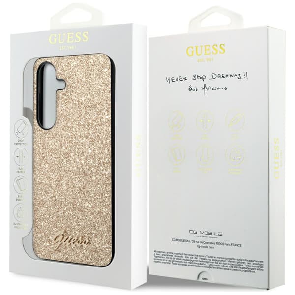 Guess Glitter Script-skal till Galaxy S24, guld